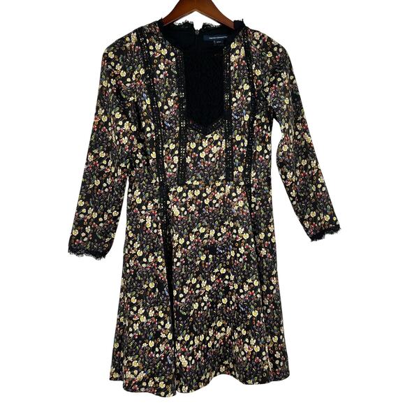French Connection Hallie Drape Floral Black Folk Boho Mini DressWomens size 4 - Picture 2 of 8